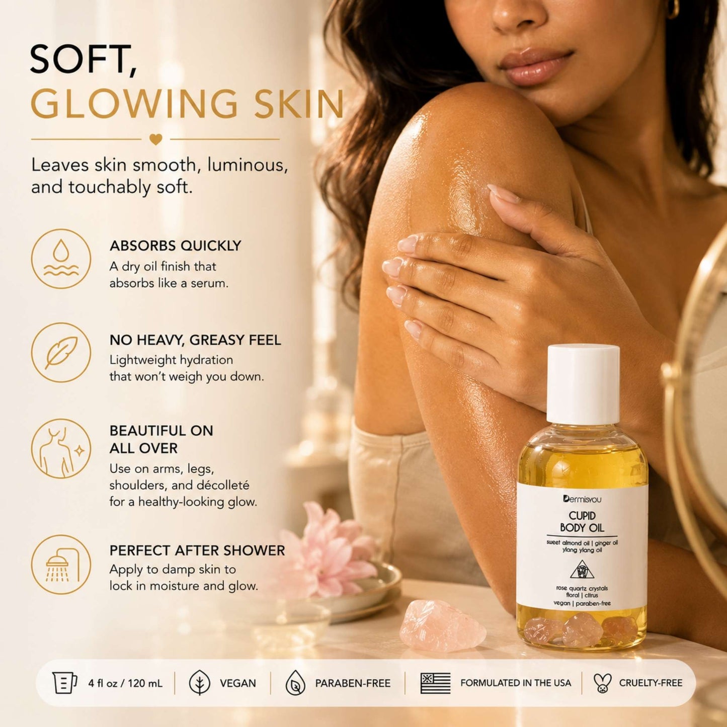 Cupid Moisture Body Oil with Rose Quartz Crystals