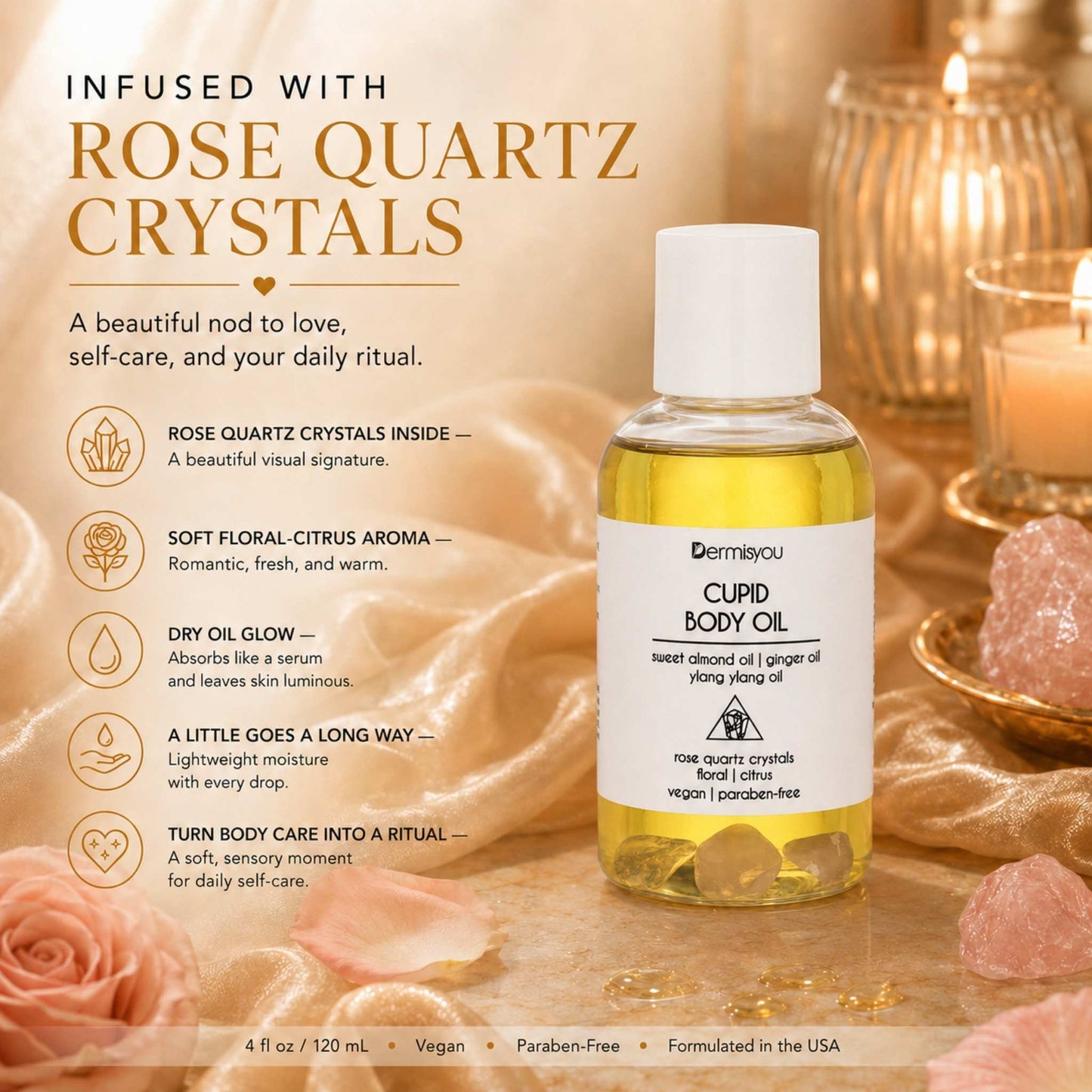 Cupid Moisture Body Oil with Rose Quartz Crystals